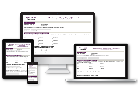 Responsive patient forms shown in smartphone, tablet and desktop