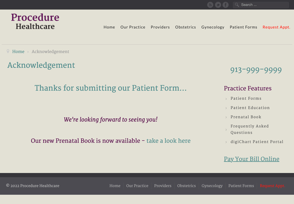Secure patient forms Acknowledgement page