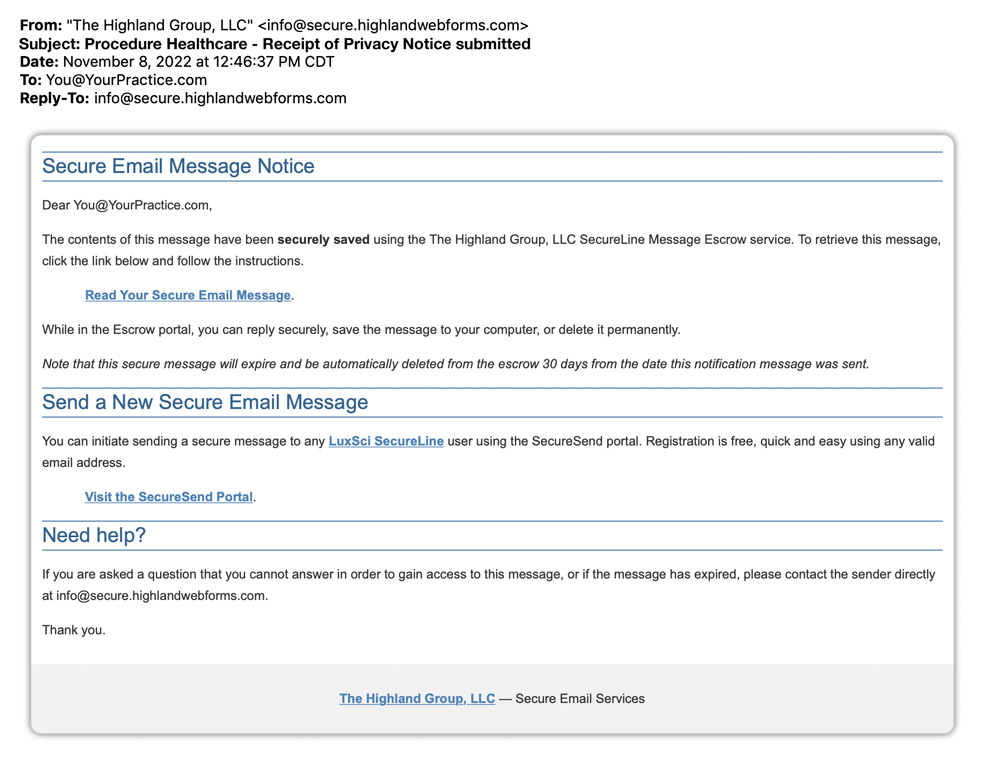 secure patient forms notification message