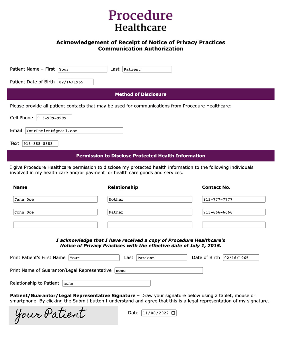 Secure patient forms submitted form