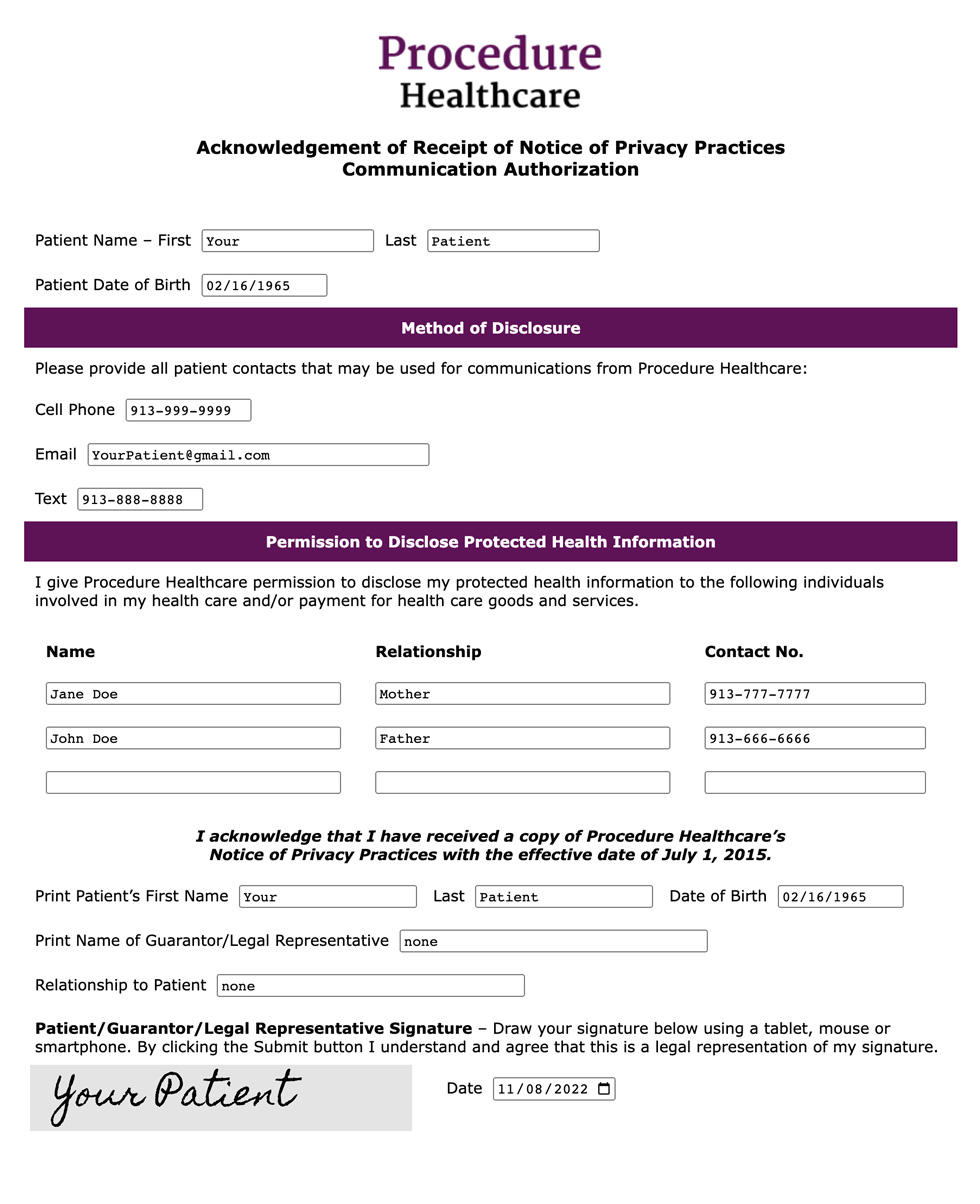 The Form Team submitted patient form